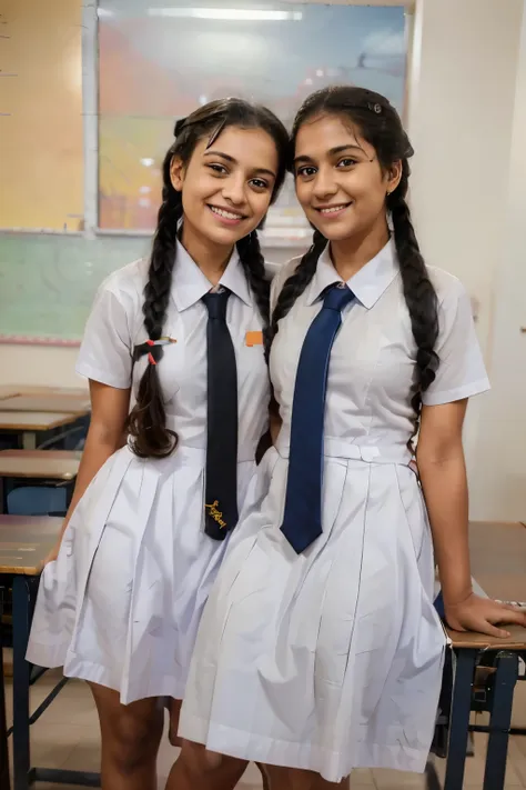 raw photo, two beautiful teen schoolgirls, with plaited hair, both warmly hugging eachother in a school classroom in a joyful ha...