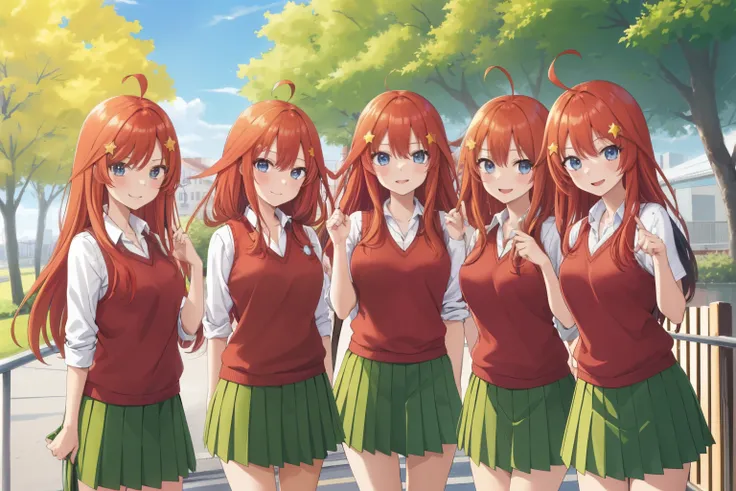 2d, masterpiece, best quality, anime, highly detailed, 5 girl, photo of 5 girl, quintuplets, nakano itsuki, red hair, long hair, star hair ornament, ahoge, red sweater, collared shirt, green skirt, miniskirt, large breasts, standing, school, outdoors, smil...