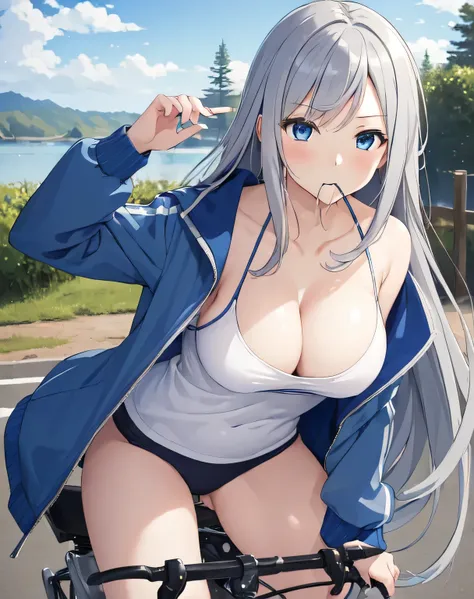 (((masterpiece))), ShizukaMikazuki, One girl, alone, View your viewers, Long Hair, Gray Hair, Long sleeve, Cleavage, Large Breasts, Mouth closed, clavicle, Jacket, Open clothes, open Jacket, blue Jacket, Ground vehicles, Play sports often, bicycle,blue eye...