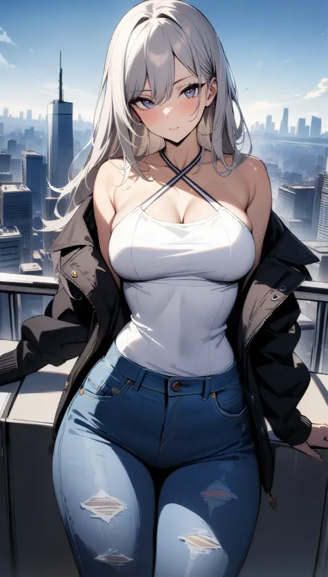 1girl, (perfect body, perfect anatomy), beautiful face, perfect proportions, beautiful casual clothes, white tanktop, jeans, off-shoulders jacket, criss-cross halter, city background, ((Masterpiece, best quality, very aesthetic, absurdres))