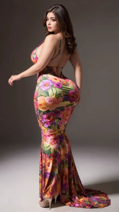 (best quality, ultra-detailed, realistic:1.37),portrait,voluptuous woman,flower,tight dress, Random dress color, passionate look,large buttocks,vibrant colors,soft lighting, standing, full body view, extreme tall, long legs, very tall, tall, 