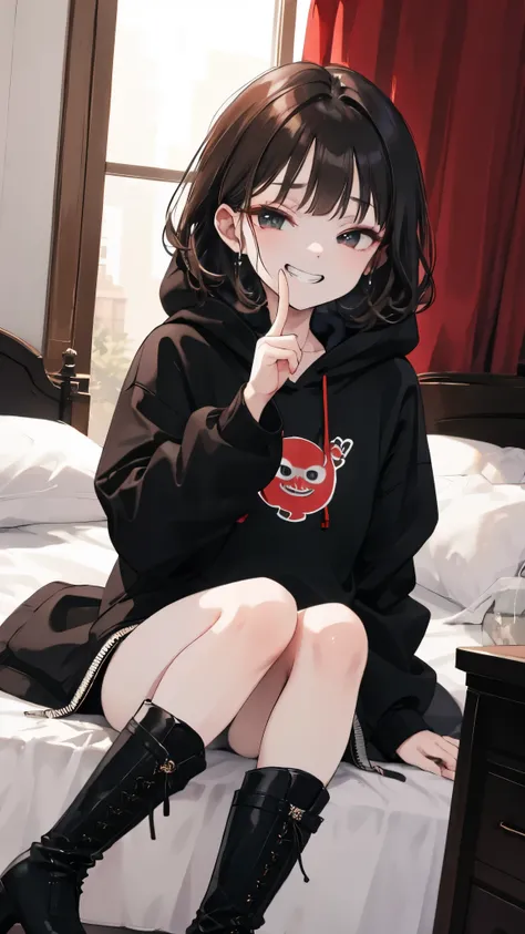 cute、evil grin、Inside the Hotel、Sitting on the bed、
black and White hoodie、Red and black hoodie、White hoodie、black platform boots、black platform boots、perfect finger、
Brown Hair、Black Hair、Black Hairロング、black eye、