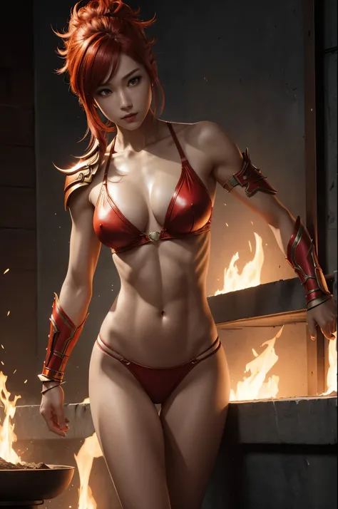 8K,Flame Lady Paladin,Super Beauty(Like the real thing),Red and orange mohawk,Red Flame Chest Armor,Red flame pants,Red Flame Gauntlet,lean muscular body,Hard and strong abs,Fantasy art、charm、Looking at the audience、Captivating Gaze、masterpiece,masterpiece...