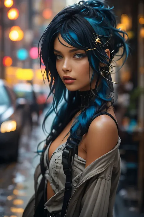 bellissima, 1girl, she is a striking young woman with electric blue hair that flows down to her shoulders in loose waves. her ha...