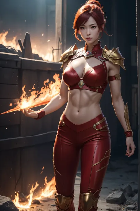 8K,Flame Lady Paladin,Super Beauty(Like the real thing),Red and orange mohawk,Red Flame Chest Armor,Red flame pants,Red Flame Gauntlet,lean muscular body,Hard and strong abs,Fantasy art、charm、Looking at the audience、Captivating Gaze、masterpiece,masterpiece...