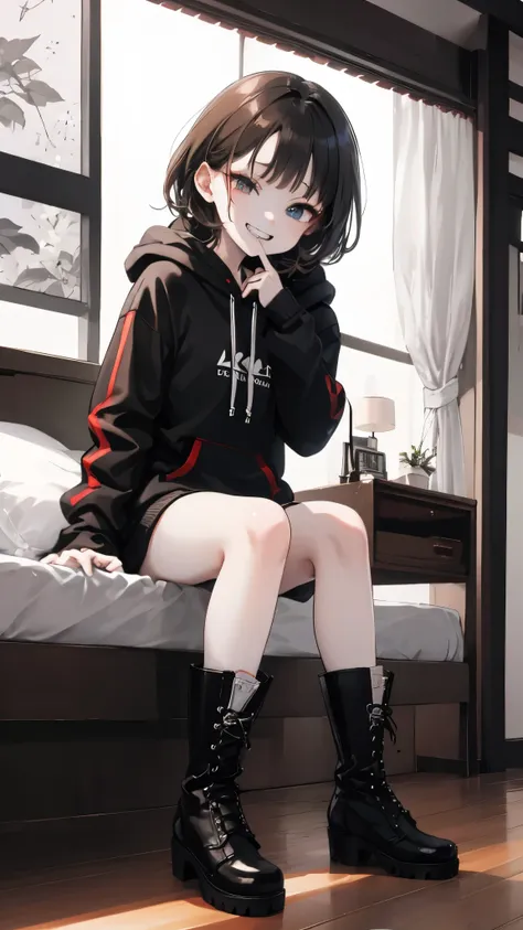 cute、evil grin、inside the hotel、sitting on the bed、
black and white hoodie、red and black hoodie、white hoodie、black platform boot...