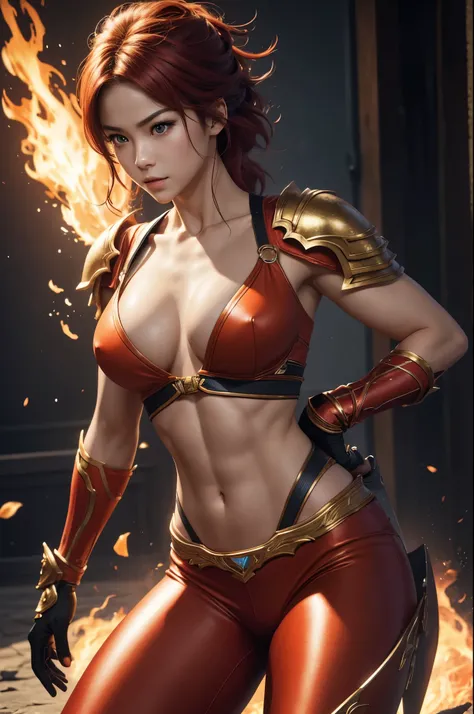 8K,Flame Lady Paladin,Super Beauty(Like the real thing),Red and orange mohawk,Red Eyes,Red Flame Chest Armor,Red flame pants,Red Flame Gauntlet,lean muscular body,Hard and strong abs,Fantasy art、charm、Looking at the audience、Captivating Gaze、masterpiece,ma...