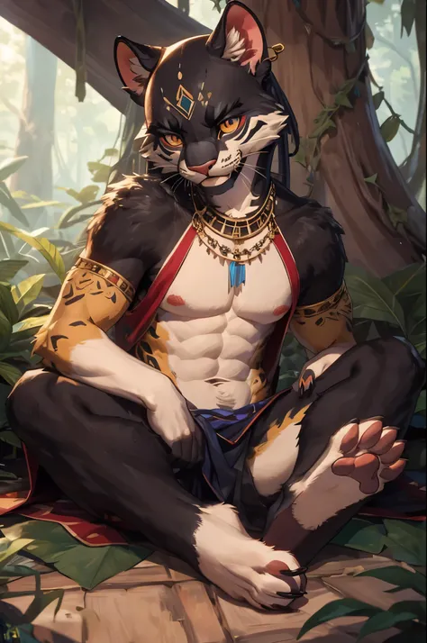 (((Barefoot furry character, full body, cinematic setting, furry male, plantigrade))) Curare depicted as beefy, stealthy and agile (((black panther))) anthro with sleek black fur and piercing amber eyes. Clad in tribal-inspired attire with dart motifs symb...