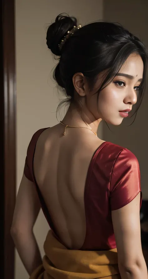 Sexy woman who is wearing a backless blouse and a saree and hair tied in a bun, tiny room, dark room, one lamp, sweaty, pleasure