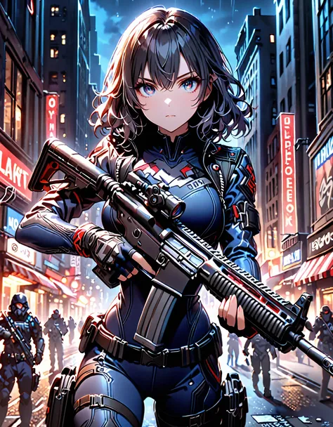 best quality, masterpiece, highres, 1girl, (solo, solo focus), (blue bodysuit, red bodice, black boots), carrying an assault rifle, (black leather jacket), fingerless gloves, black hair, short hair, wavy hair, hazel eyes, beautiful detailed eyes, beautiful...