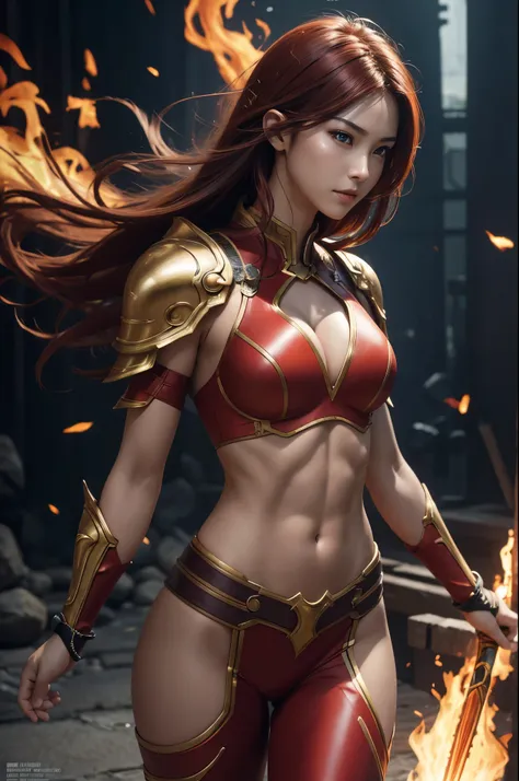 8K,Flame Lady Paladin,Super Beauty(Like the real thing),Red and orange mohawk,Red Eyes,Red Flame Chest Armor,Red flame pants,Red Flame Gauntlet,lean muscular body,Hard and strong abs,Fantasy art、charm、Looking at the audience、Captivating Gaze、masterpiece,ma...