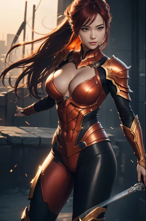 8K,Flame Lady Paladin,Super Beauty(Like the real thing),Red and orange mohawk,Red Eyes,Red Flame Chest Armor,Red flame pants,Red Flame Gauntlet,lean muscular body,Hard and strong abs,Fantasy art、charm、Looking at the audience、Captivating Gaze、masterpiece,ma...