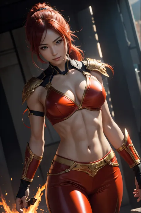 8K,Flame Lady Paladin,Super Beauty(Like the real thing),Red and orange mohawk,Red Eyes,Red Flame Chest Armor,Red flame pants,Red Flame Gauntlet,lean muscular body,Hard and strong abs,Fantasy art、charm、Looking at the audience、Captivating Gaze、masterpiece,ma...