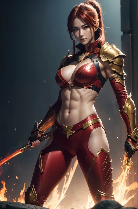 8K,Flame Lady Paladin,Super Beauty(Like the real thing),Red and orange mohawk,Red Eyes,Red Flame Chest Armor,Red flame pants,Red Flame Gauntlet,lean muscular body,Hard and strong abs,Fantasy art、charm、Looking at the audience、Captivating Gaze、masterpiece,ma...