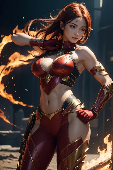 8K,Flame Lady Paladin,Super Beauty(Like the real thing),Red and orange mohawk,Red Eyes,Red Flame Chest Armor,Red flame pants,Red Flame Gauntlet,lean muscular body,Hard and strong abs,Fantasy art、charm、Looking at the audience、Captivating Gaze、masterpiece,ma...