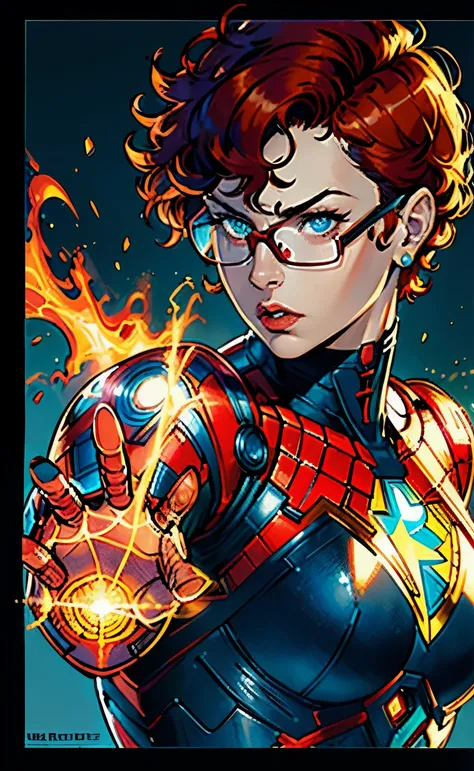 (best quality, highres, ultra-detailed), (comic book style:1.1), (red curly short hair:1.1), (square glasses:1.1), (dark eyes:1.1), (portraits, marvel:1.1), (energetic, superhero pose:1.1), (dynamic, action-packed background:1.1), (vibrant colors:1.1), (co...