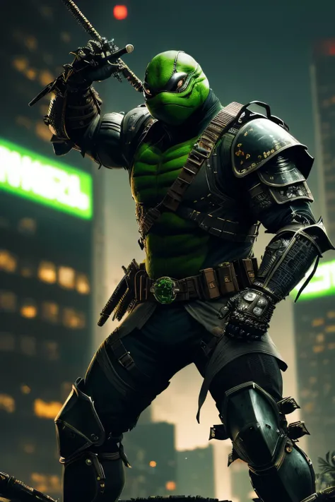 (extremely detailed 8k wallpaper), a medium shot photo of green cyberpunk Grim dressed as a masked ninja turtles in an armour made of metal from marvel, horror theme, intricate, high detail, dramatic