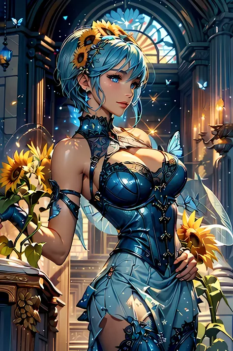 high details, best quality, 16k, RAW, [best detailed], masterpiece, best quality, (extremely detailed), GlowingRunes_paleblue, full body, ultra wide shot, photorealistic, fantasy art, RPG art, D&D art, a picture of a fairy selling flowers in a florist shop...