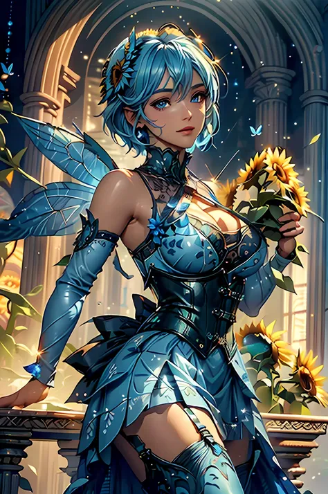 high details, best quality, 16k, RAW, [best detailed], masterpiece, best quality, (extremely detailed), GlowingRunes_paleblue, full body, ultra wide shot, photorealistic, fantasy art, RPG art, D&D art, a picture of a fairy selling flowers in a florist shop...