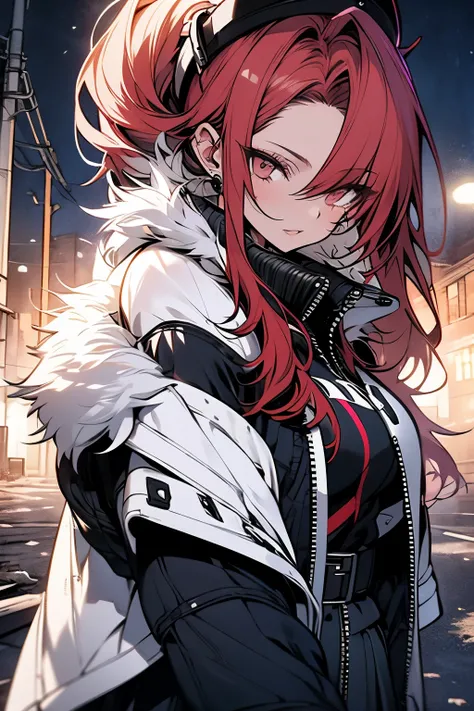 a woman redhaired, leggings, pleated skirt, sports top, high ponytail, high boots, long fur jacket, on a hazy moonlit night in a ghost town, monochrome style, line art, detailed face, detailed eyes, detailed lips, wide hips