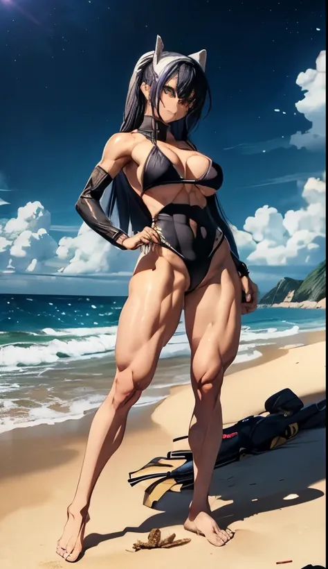 1 girl, (medium breasts))), Wetsuits、(((Wearing a short bikini))), (Magenta hair), (((bright yellow eyes))), Slim your arms, (On the beach on a bloody night with starry sky and full moon), (slim waist), (((muscular legs))), muscular belly, barefoot, (((She...