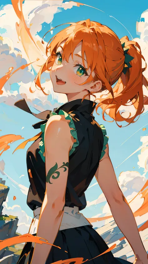 masterpiece、highest quality、1 girl、anime painting、Orange Hair、Beautiful green eyes、Side Ponytail、Sleeveless shirt、Black Skirt、Upper body close-up、From the side、smile、Open your mouth、Sharp contours