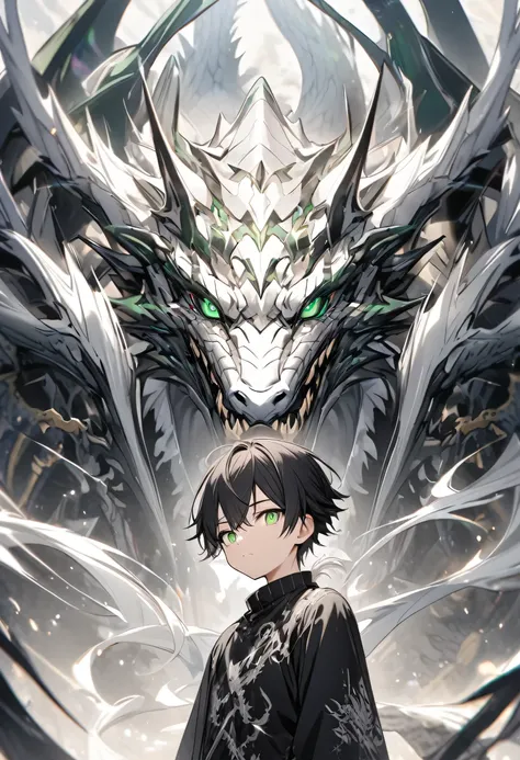 Green-eyed boy with black hair and white hair with black clothes with touches of white and a small black and silver dragon 