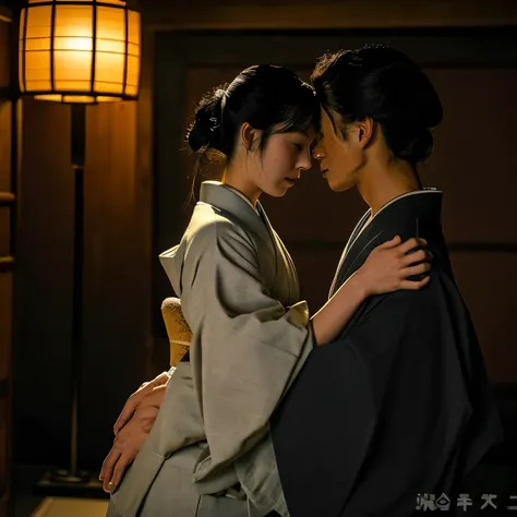 (8K)、(highest quality: 1.2)、(Real)、(Real: 1.37)、Ultra-high resolution、film、Dark world、Japan Edo Period、(((Perfect Face)))Japan in the 1700s、In a dimly lit Japanese-style room、An 18-year-old woman wearing an old kimono embraces a boy,