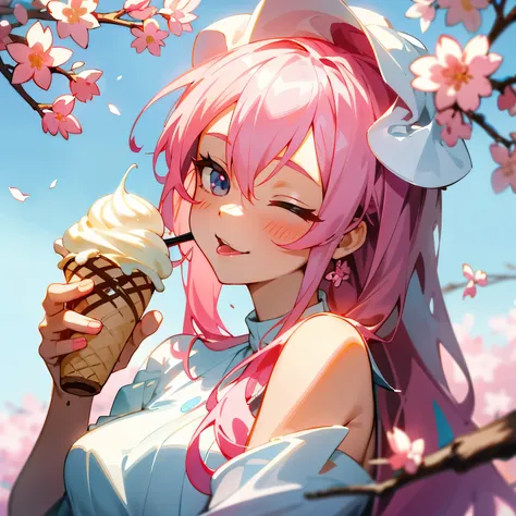 Anime girl enjoying a LoDeli Helados, Savoring every bite, One girl indulges in an ice cream treat, Pink cherry blossom hair cascades down her shoulders, Delicate and playful expression, Sweet gelato melting on her tongue, Licking the spoon, Eyes closed in...