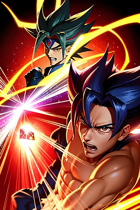 Yugi Mutou, engrossed in a fiery duel, cinematic scene; his intense gaze focused on the Duel Monsters cards clutched in his hands. Sweat gleams on his forehead as he summons powerful monsters, the vibrant colors of the cards popping against the dark backgr...