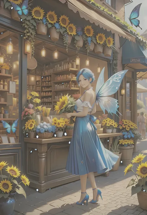 high details, best quality, 16k, RAW, [best detailed], masterpiece, best quality, (extremely detailed), GlowingRunes_paleblue, full body, ultra wide shot, photorealistic, fantasy art, RPG art, D&D art, a picture of a fairy selling flowers in a florist shop...