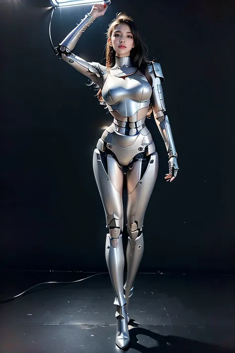 Vietnamese female fighting in street, (Photorealsitic:1.4)、((a beauty girl:1.6)), (1 full-body fighting :1.8) cyborg girl, Nipple, , 25 years old、NOhumans、((The skin part is only the face)), Luminous Eyes、((Lots of split metal chest protectors)), Metal Rob...