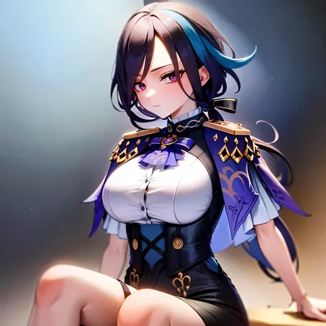 No errors, perfect, masterpiece, beautiful, perfect face,perfect body,clorinde (genshin impact), W sitting, sitting on the ground, hands between legs,medium breast, high detailed, perfect shaped breast 