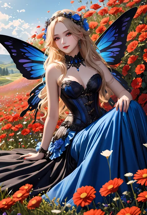 high details, best quality, 16k, RAW, [best detailed], masterpiece, best quality, (extremely detailed), full body, ultra wide shot, photorealistic, dark fantasy art, goth art, RPG art, D&D art, a picture of a dark female fairy resting in a flower meadow, e...