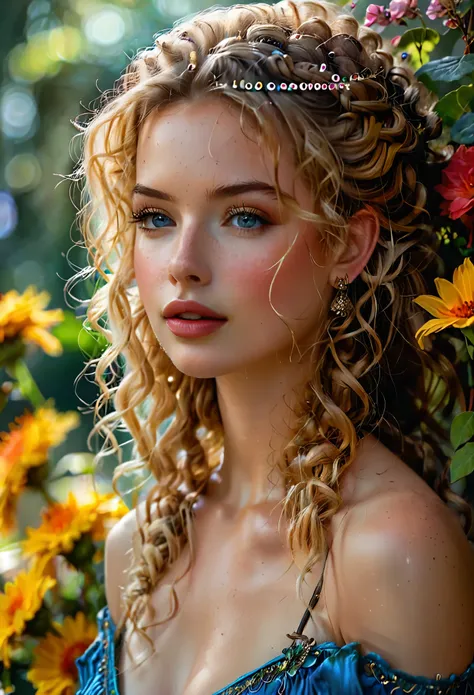 1girl, bare shoulders, bellissima, blonde hair, blue eyes, blurry, blurry background, braid, breasts, curly hair, earrings, flow...