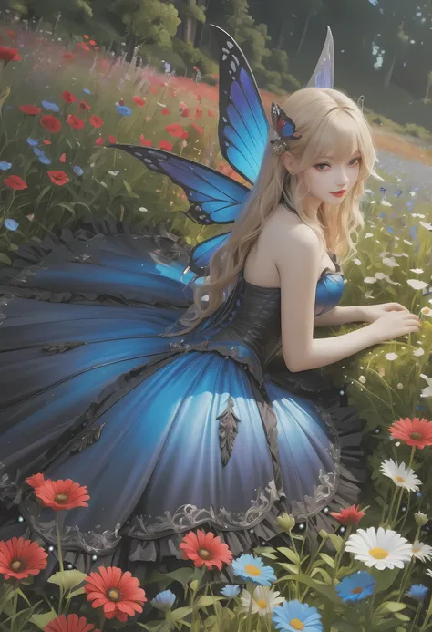 high details, best quality, 16k, RAW, [best detailed], masterpiece, best quality, (extremely detailed), full body, ultra wide shot, photorealistic, dark fantasy art, goth art, RPG art, D&D art, a picture of a dark female fairy resting in a flower meadow, e...