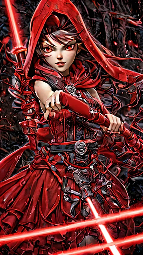 photo of a beautiful (red riding hood), (2lightsabers),darth,sith, 10 years old teenage  (abs:0.7), masterpiece, best quality, dress costume,fight pose