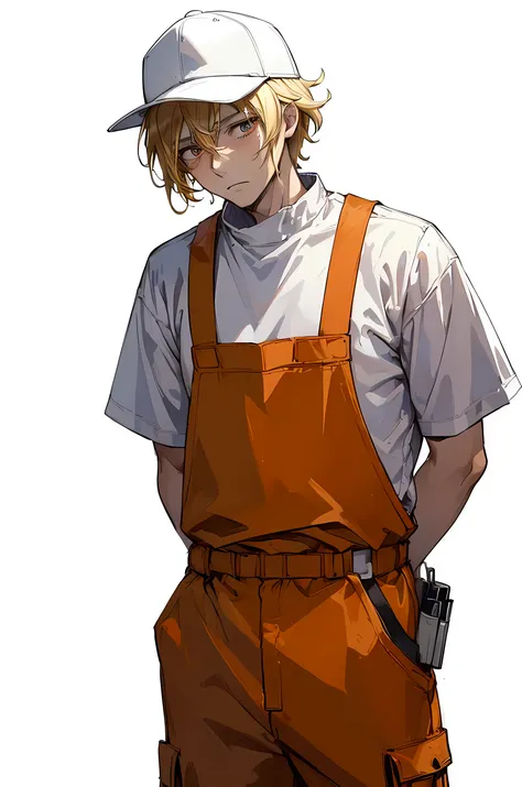 (masterpiece:1.5), (best quality:1.5), butcher clothes,  adult assistant, worker, (tired worker:1.5), tired look, anime character, (white background:1.9), worker hat, looking at viewer, short hair, (bland blonde hair:1.5), bland hair+,  very detailed eyes,...