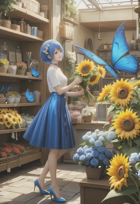 high details, best quality, 16k, RAW, [best detailed], masterpiece, best quality, (extremely detailed), GlowingRunes_paleblue, full body, ultra wide shot, photorealistic, fantasy art, RPG art, D&D art, a picture of a fairy selling flowers in a florist shop...