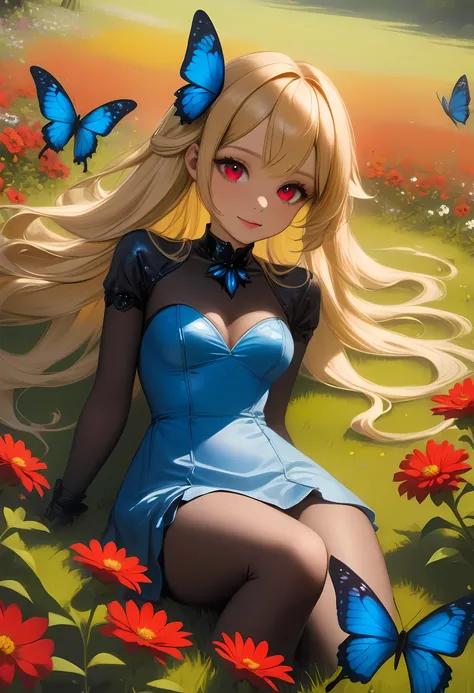 high details, best quality, 16k, RAW, [best detailed], masterpiece, best quality, (extremely detailed), full body, ultra wide shot, photorealistic, dark fantasy art, goth art, RPG art, D&D art, a picture of a dark female fairy resting in a flower meadow, e...