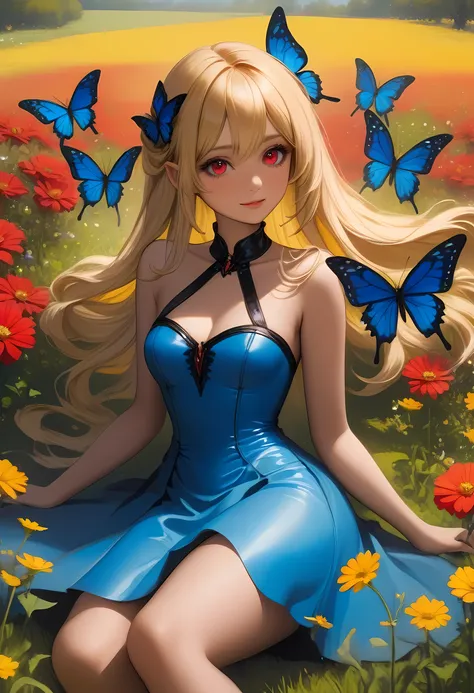 high details, best quality, 16k, RAW, [best detailed], masterpiece, best quality, (extremely detailed), full body, ultra wide shot, photorealistic, dark fantasy art, goth art, RPG art, D&D art, a picture of a dark female fairy resting in a flower meadow, e...