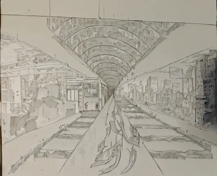 Black and white drawing, subway train, colias, living city on the right side, scary buildings on the left side, beautiful tall houses, architecture on the right side. ruins old houses on the left side