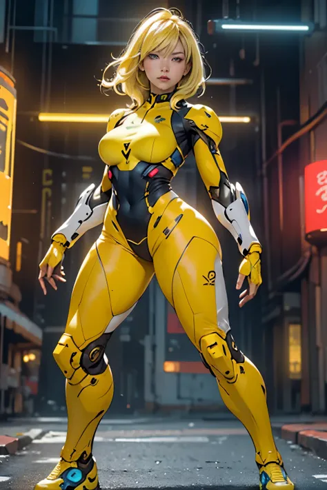 samus aran, simple background,colorfull yellow and blue ,blonde hair,cyberpunk ,thick thigs,thick,ample bosom,front pose,looking...