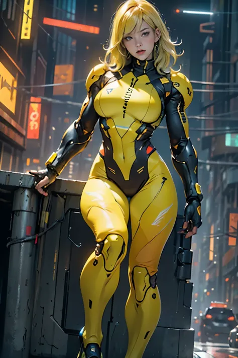 samus aran, simple background,colorfull yellow and blue ,blonde hair,cyberpunk ,thick thigs,thick,ample bosom,front pose,looking...