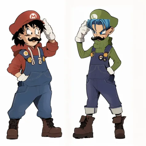 two cartoon characters of Mario and Luigi are standing next to each other, estilo akira toriyama, 2 d anime, estilo anime 2d, Mario and Luigi, inspirado em Luigi Kasimir, dragon ball style, vestindo uniforme de encanador, nintendo style, fanart de alta qua...