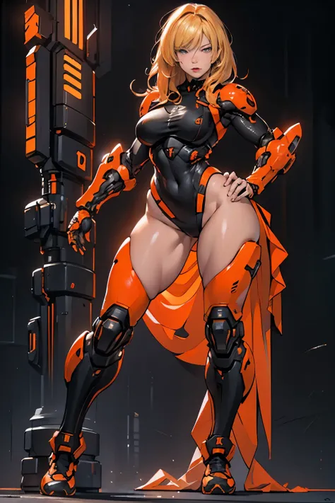  samus aran, simple background,black and orange,blonde hair,cyberpunk ,thick thigs,thick,ample bosom,front pose,looking in camera,cybernatic torso,full body suit,front pose,