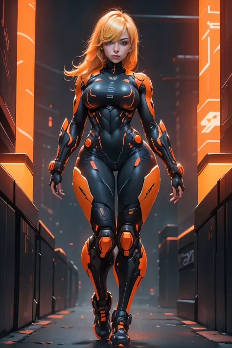 samus aran, simple neon background,black and orange,blonde hair,cyberpunk ,thick thigs,thick,ample bosom,front pose,looking in c...