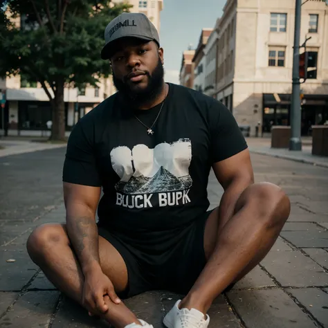 chubby black man with a cap, big curly beard, shorts and black rock shirt sitting in a square. bottle of drink on the floor.