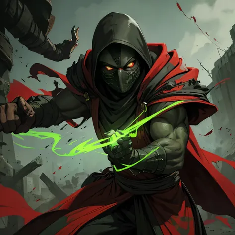 Ermac from Mortal Kombat, wearing black-and-red, mummy-like tattered robe adorned with ancient markings, face is obscured by a mask or hood, (glowing green eyes), ((levitating)), high detail, sharp focus, dramatic, photorealistic painting art ,all people g...