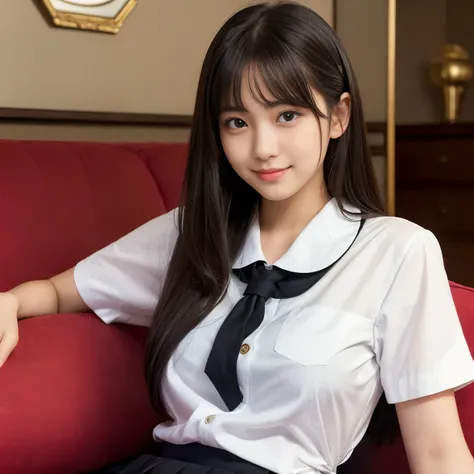 Best-quality, Masterpiece, Ultra-High-Resolution, (Photorealistic:1.4), Raw-Photo, 1girl, 18-years-old, the most famous Japanese idol, at living-room, sitting on sofa, (((wearing high-school uniform))), ((extremely cute face like the most popular Japanese ...